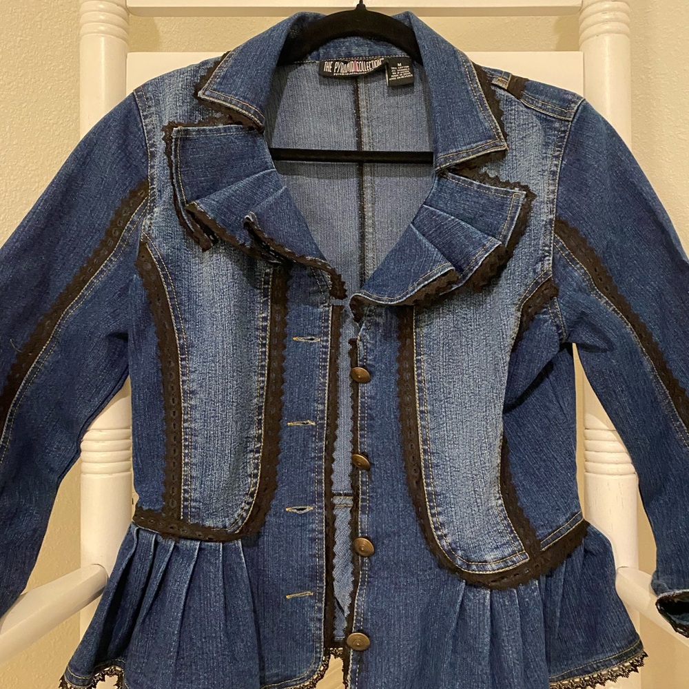 Vintage Pyramid Collection Denim Jacket with Lace Trim & Peplum Hem (M)